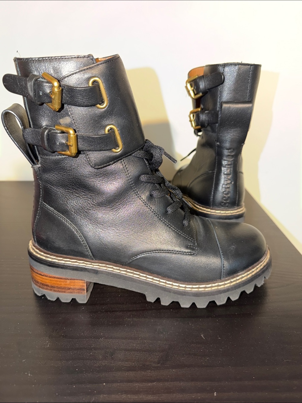 See By Chloé Black Leather Lace-Up Combat Boots with Gold Buckles 37.5